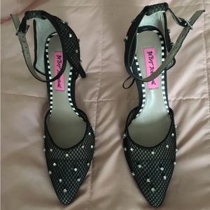 Betsey Johnson fishnet heels. NO STONES MISSING. ankle strap heels lots of bling